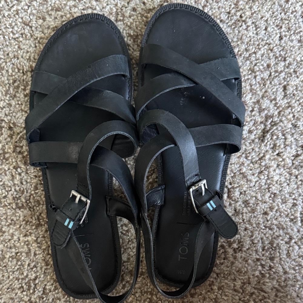 TOMS Black Genuine Leather Crisscross Sandals